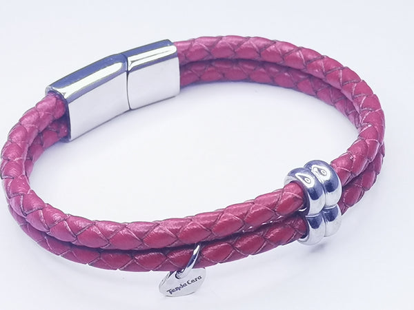 Bracelet Classique double pour femme et enfant en Cuir tressé et acier inoxydable.